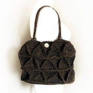 BRONZE SISAL WOVEN TEXTURED HANDBAG TOTE MOTHER OF PEARL BUTTON SUMMER P…